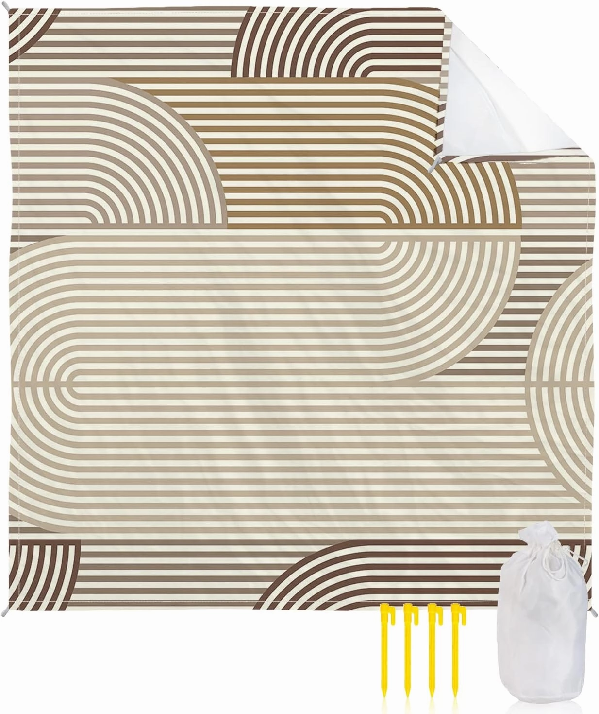 Beach Blanket Sandproof, Brown Abstract Geometric Lines Abstract Art Waterproof Beach Mat Lightweight Quick Drying Picnic Blanket Beach Essentials for Travel Camping Hiking 108x84in