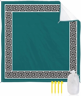 Beach Blanket Sandproof, Chinese Style Pattern Turquoise Teal Background Waterproof Beach Mat Lightweight Quick Drying Picnic Blanket Beach Essentials for Travel Camping Hiking 108x84in