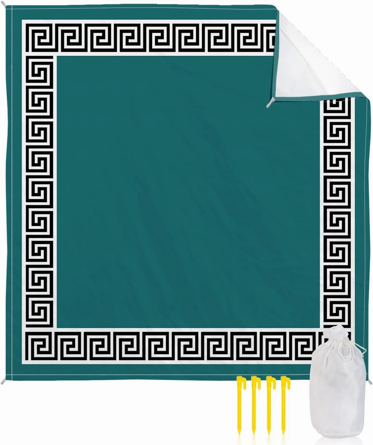 Beach Blanket Sandproof, Chinese Style Pattern Turquoise Teal Background Waterproof Beach Mat Lightweight Quick Drying Picnic Blanket Beach Essentials for Travel Camping Hiking 108x84in