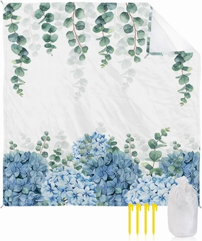Beach Blanket Sandproof, Eucalyptus Green Leaves Plant Blue Flowers Floral Waterproof Beach Mat Lightweight Quick Drying Picnic Blanket Beach Essentials for Travel Camping Hiking 95x80in