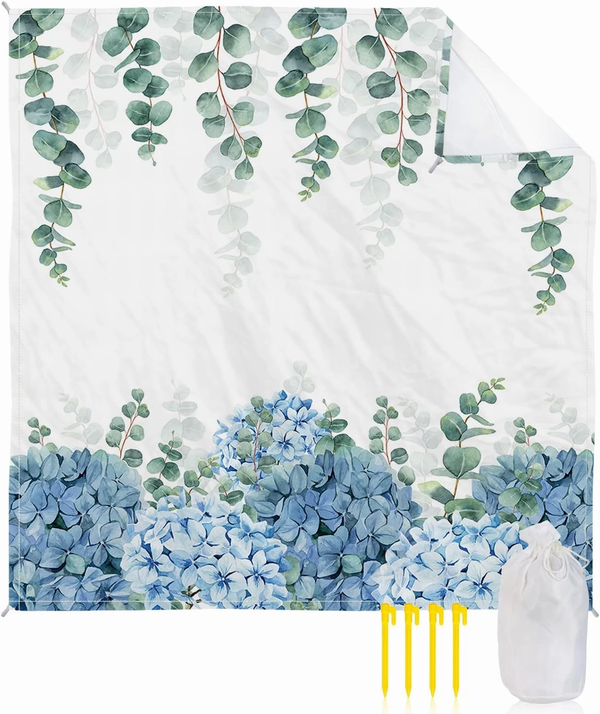 Beach Blanket Sandproof, Eucalyptus Green Leaves Plant Blue Flowers Floral Waterproof Beach Mat Lightweight Quick Drying Picnic Blanket Beach Essentials for Travel Camping Hiking 95x80in