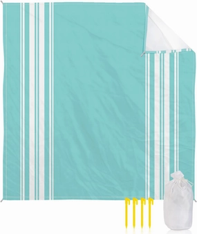 Beach Blanket Sandproof, Farmhouse Teal White Stripe Waterproof Beach Mat Lightweight Quick Drying Picnic Blanket Beach Essentials for Travel Camping Hiking 118x108in