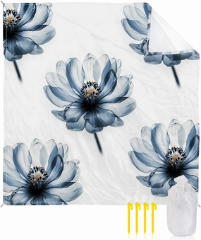 Beach Blanket Sandproof, Flowers Blue Floral Pattern White Waterproof Beach Mat Lightweight Quick Drying Picnic Blanket Beach Essentials for Travel Camping Hiking 83x79in