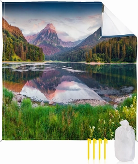 Beach Blanket Sandproof, Forest Lake Grass Spectacular Scenery Dreamy Sky Clouds Waterproof Beach Mat Lightweight Quick Drying Picnic Blanket Beach Essentials for Travel Camping Hiking 95x80in