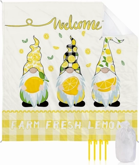 Beach Blanket Sandproof, Funny Gnome with Lemon Rustic Yellow Checked Waterproof Beach Mat Lightweight Quick Drying Picnic Blanket Beach Essentials for Travel Camping Hiking 118x108in