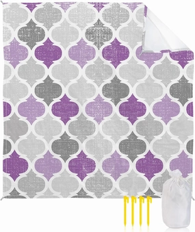 Beach Blanket Sandproof, Geometric Morocco Quatrefoil Lattice Purple Grey Waterproof Beach Mat Lightweight Quick Drying Picnic Blanket Beach Essentials for Travel Camping Hiking 83x79in
