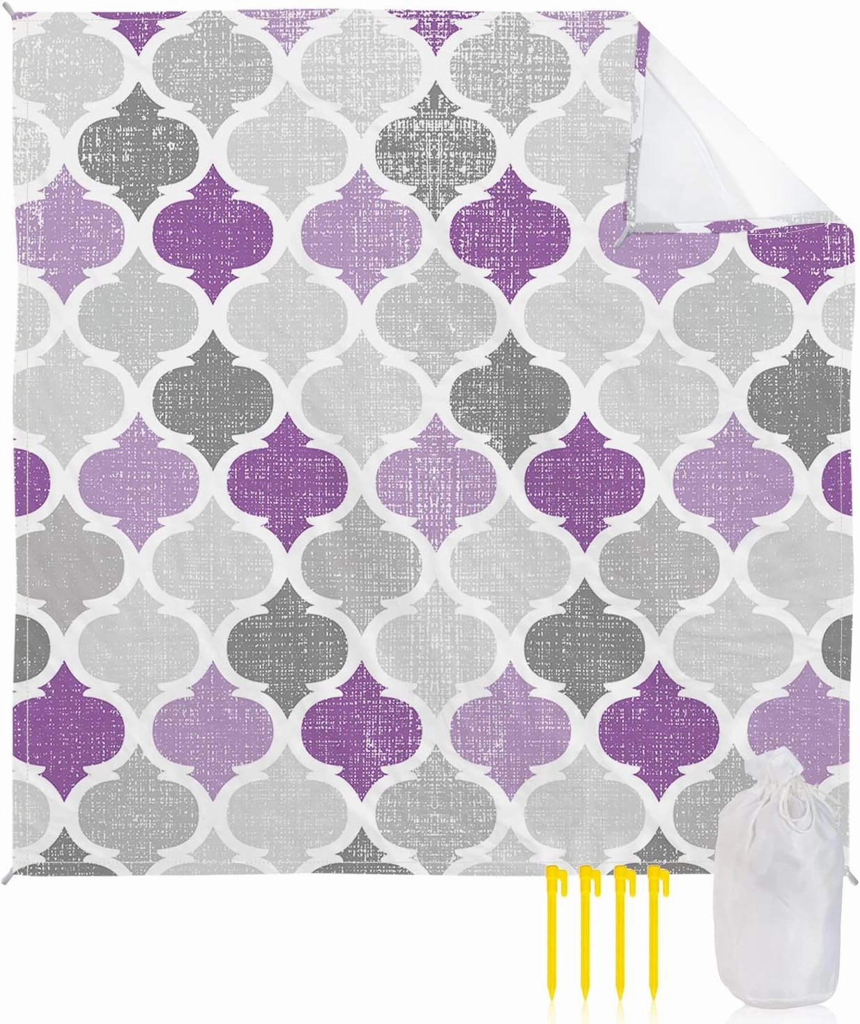 Beach Blanket Sandproof, Geometric Morocco Quatrefoil Lattice Purple Grey Waterproof Beach Mat Lightweight Quick Drying Picnic Blanket Beach Essentials for Travel Camping Hiking 83x79in