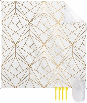 Beach Blanket Sandproof, Gold Yellow Line Geometric Patterned Waterproof Beach Mat Lightweight Quick Drying Picnic Blanket Beach Essentials for Travel Camping Hiking 83x79in