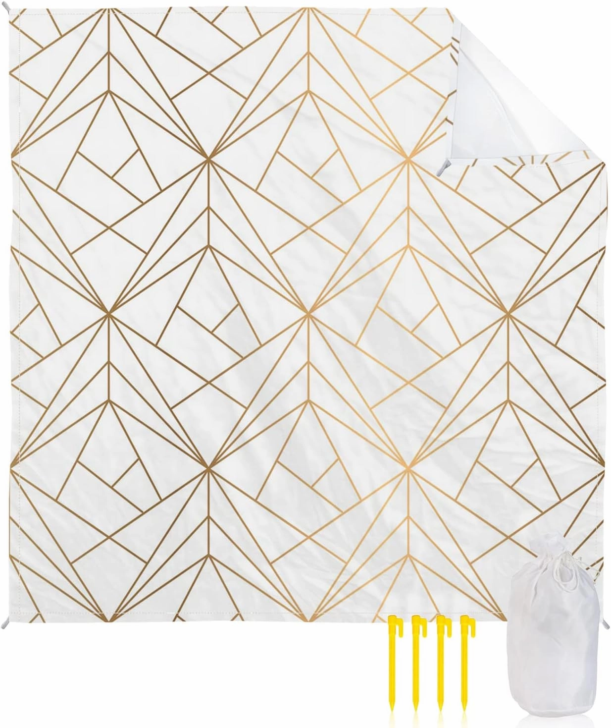 Beach Blanket Sandproof, Gold Yellow Line Geometric Patterned Waterproof Beach Mat Lightweight Quick Drying Picnic Blanket Beach Essentials for Travel Camping Hiking 83x79in