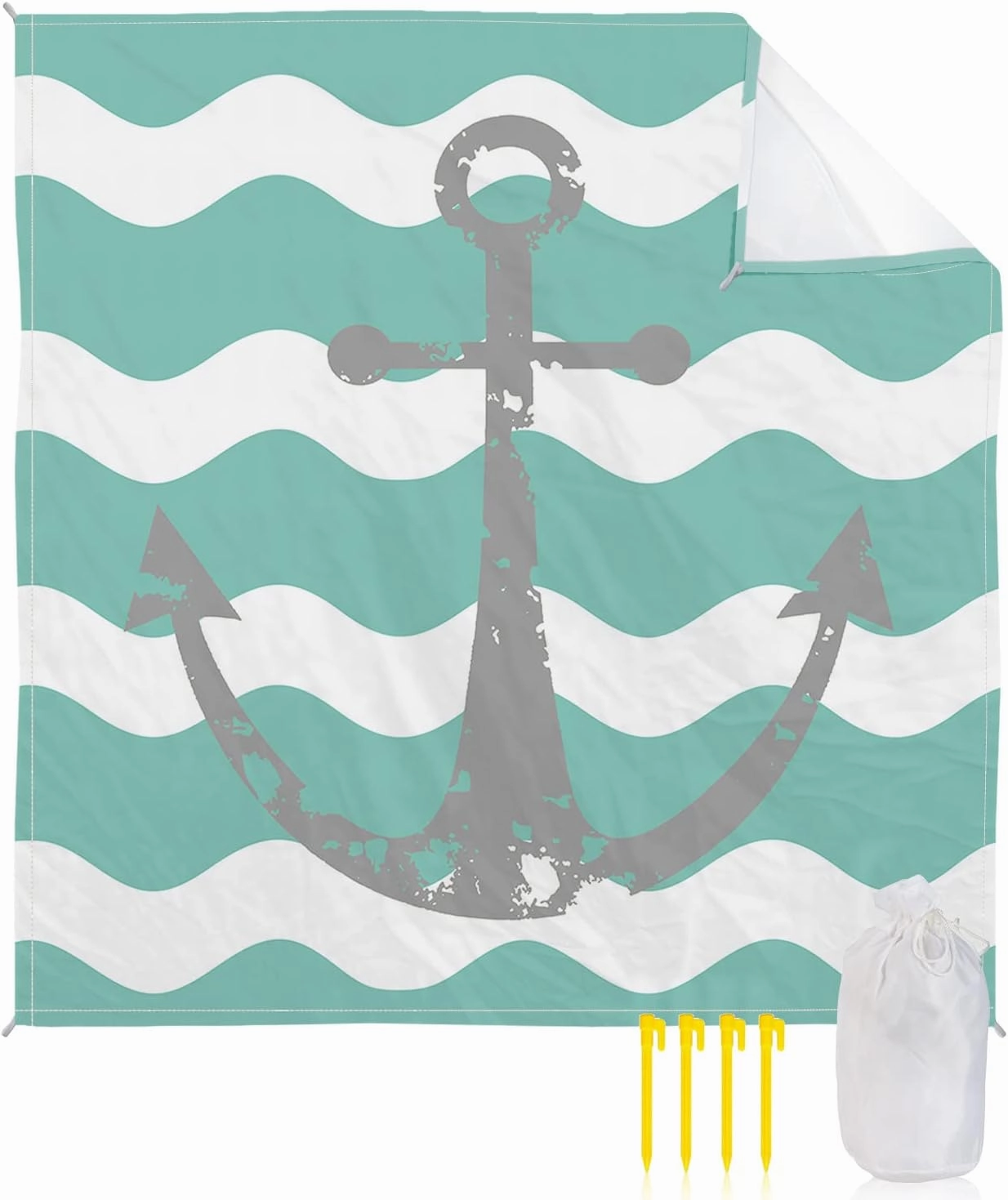 Beach Blanket Sandproof, Grey Nautical Anchor Teal Turquoise Wavy Stripes Waterproof Beach Mat Lightweight Quick Drying Picnic Blanket Beach Essentials for Travel Camping Hiking 108x84in