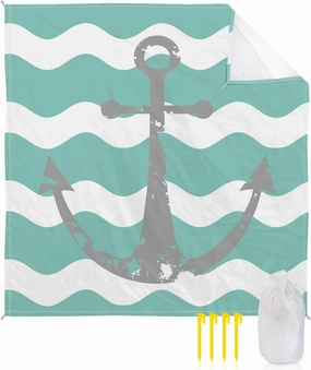 Beach Blanket Sandproof, Grey Nautical Anchor Teal Turquoise Wavy Stripes Waterproof Beach Mat Lightweight Quick Drying Picnic Blanket Beach Essentials for Travel Camping Hiking 108x84in