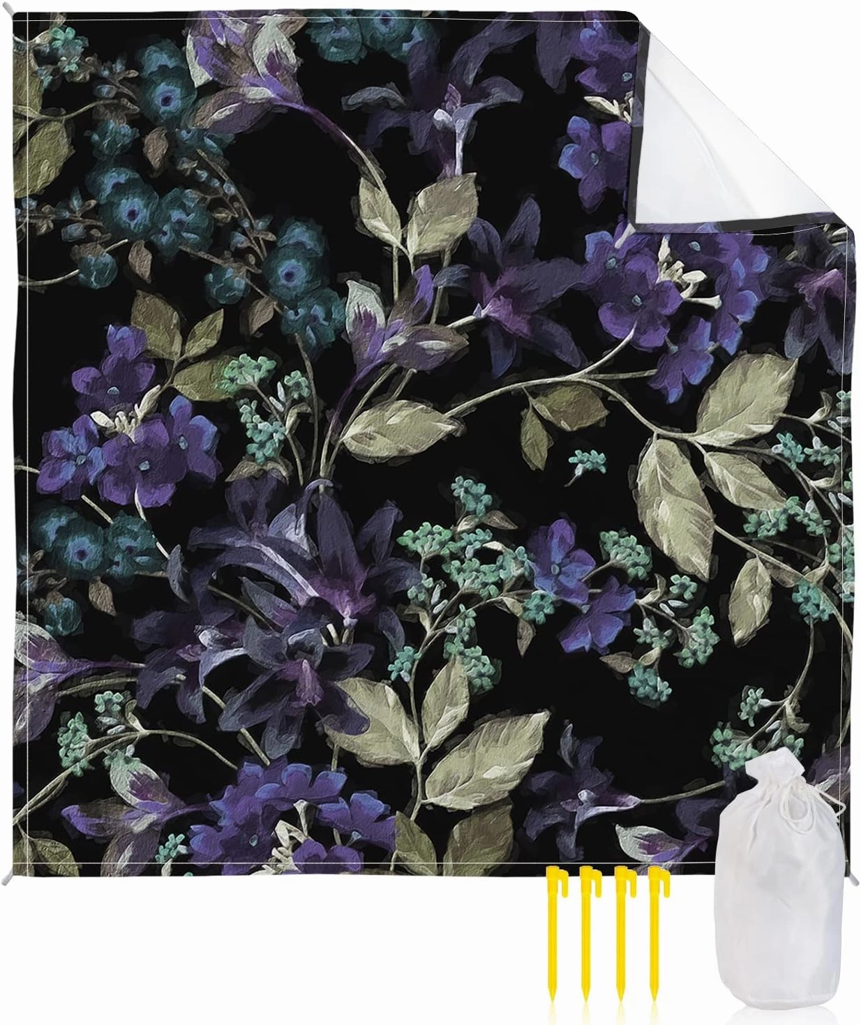 Beach Blanket Sandproof, Hand Drawn Dark Purple Floral Leaves Line Pattern Waterproof Beach Mat Lightweight Quick Drying Picnic Blanket Beach Essentials for Travel Camping Hiking 83x79in