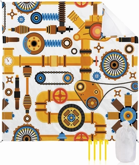 Beach Blanket Sandproof, Mechanical Yellow Bicycle Car Chain Water Pipe Steam Waterproof Beach Mat Lightweight Quick Drying Picnic Blanket Beach Essentials for Travel Camping Hiking 83x79in