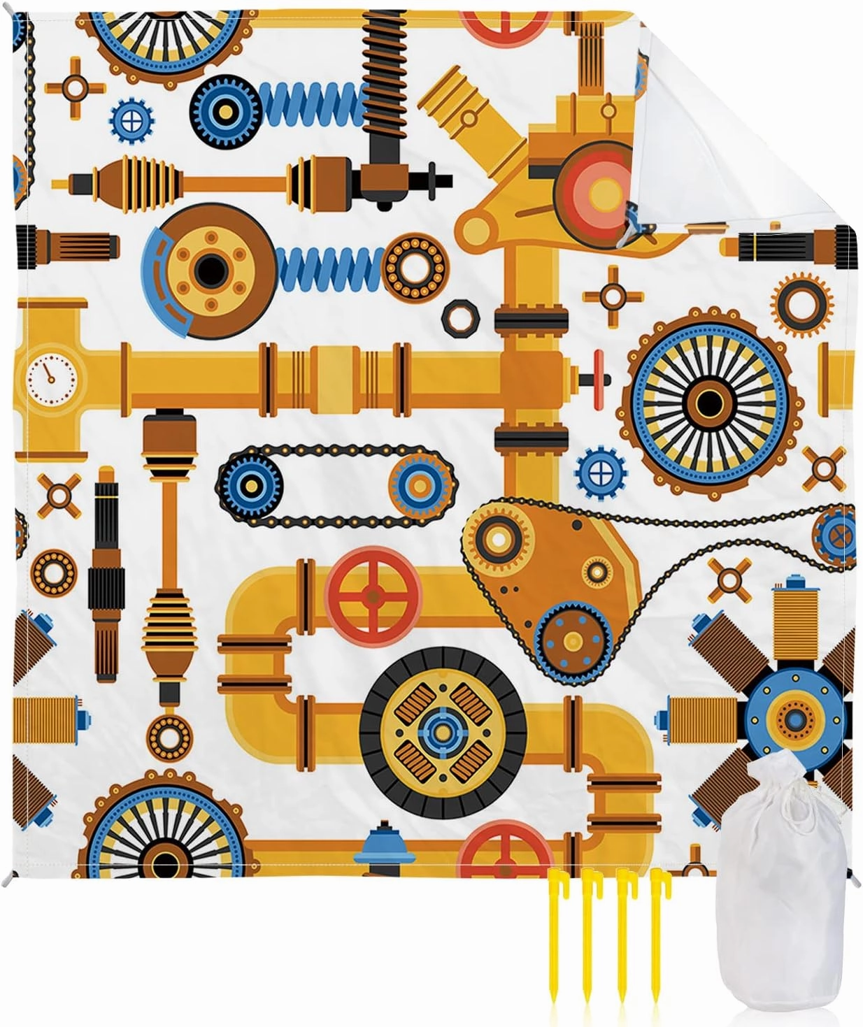 Beach Blanket Sandproof, Mechanical Yellow Bicycle Car Chain Water Pipe Steam Waterproof Beach Mat Lightweight Quick Drying Picnic Blanket Beach Essentials for Travel Camping Hiking 83x79in