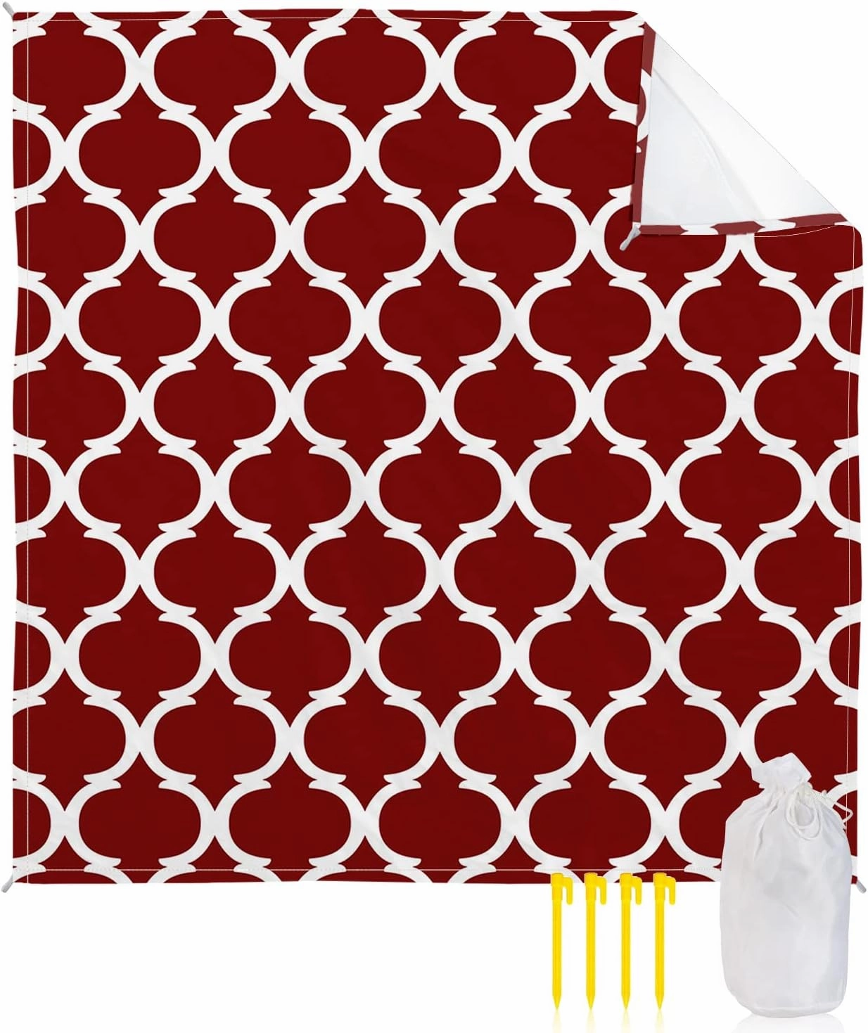 Beach Blanket Sandproof, Mid Century Art Geometric Morocco Stripes Wine Red Waterproof Beach Mat Lightweight Quick Drying Picnic Blanket Beach Essentials for Travel Camping Hiking 108x84in