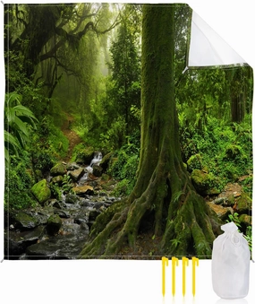 Beach Blanket Sandproof, Mysterious Green Dense Forest Rattan Moss Stream Nature Scene Waterproof Beach Mat Lightweight Quick Drying Picnic Blanket Beach Essentials for Travel Camping Hiking 95x80in