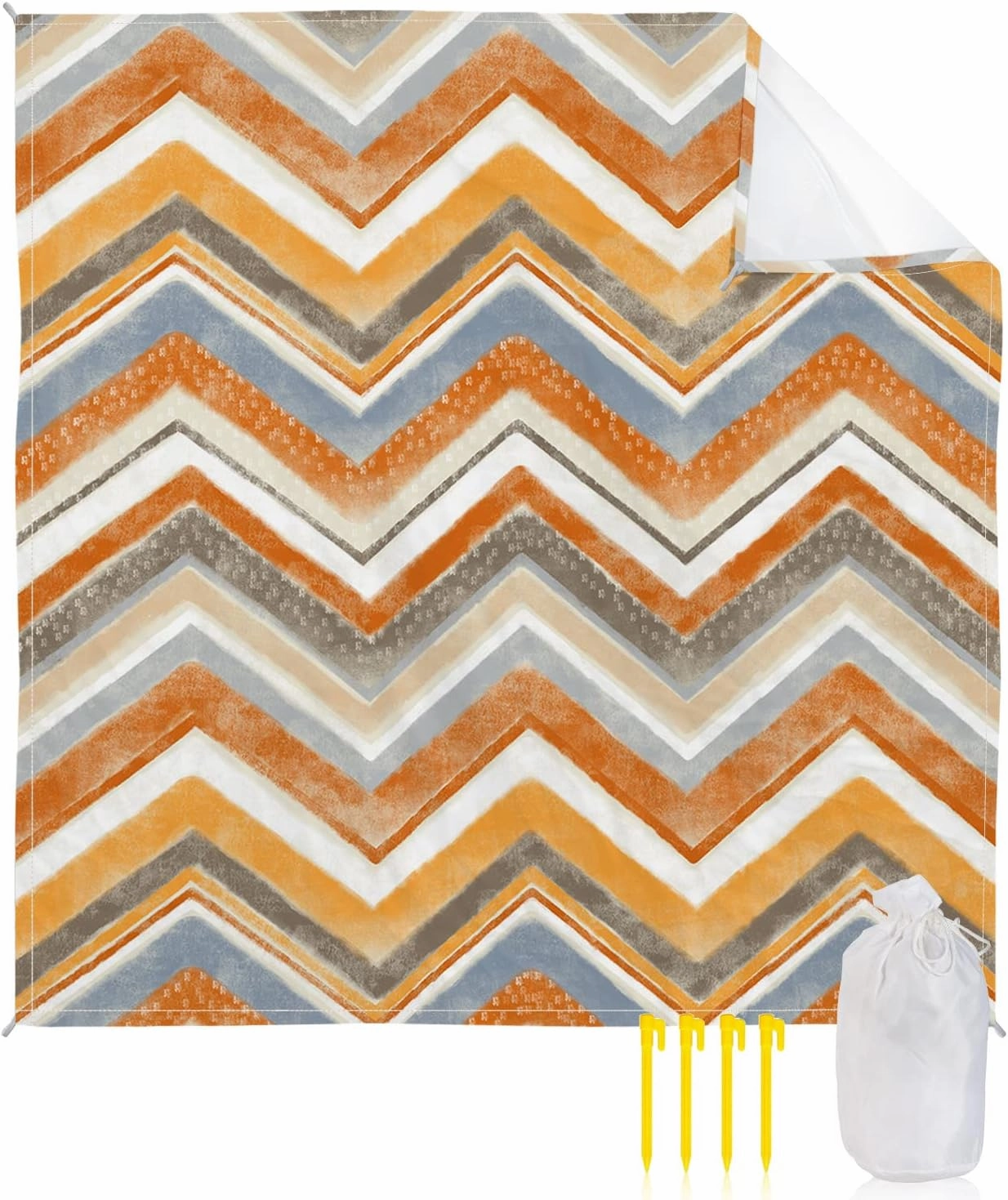 Beach Blanket Sandproof, Northern Europe Orange Geometric Wave Stripes Waterproof Beach Mat Lightweight Quick Drying Picnic Blanket Beach Essentials for Travel Camping Hiking 108x84in