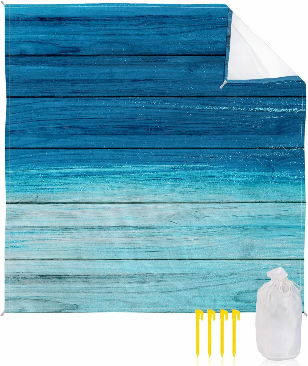 Beach Blanket Sandproof, Ocean Plank Texture Blue Gradient Waterproof Beach Mat Lightweight Quick Drying Picnic Blanket Beach Essentials for Travel Camping Hiking 118x108in