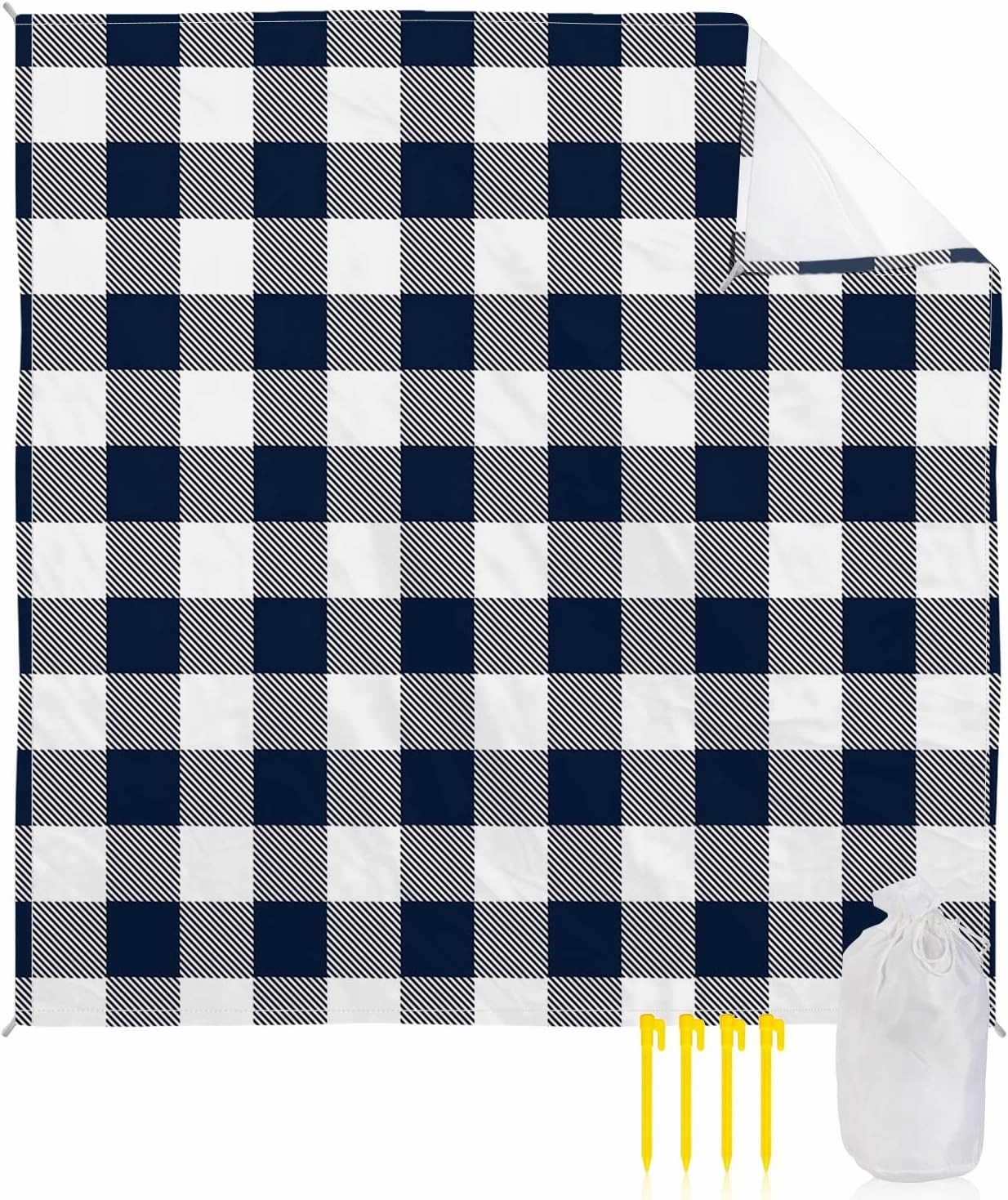 Beach Blanket Sandproof, Pastoral Style Dark Blue Lattice Waterproof Beach Mat Lightweight Quick Drying Picnic Blanket Beach Essentials for Travel Camping Hiking 118x108in