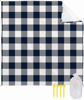 Beach Blanket Sandproof, Pastoral Style Dark Blue Lattice Waterproof Beach Mat Lightweight Quick Drying Picnic Blanket Beach Essentials for Travel Camping Hiking 118x108in