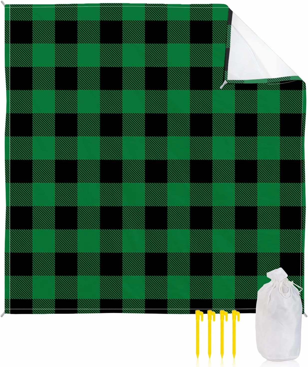 Beach Blanket Sandproof, Pastoral Style Green Black Lattice Waterproof Beach Mat Lightweight Quick Drying Picnic Blanket Beach Essentials for Travel Camping Hiking 108x84in