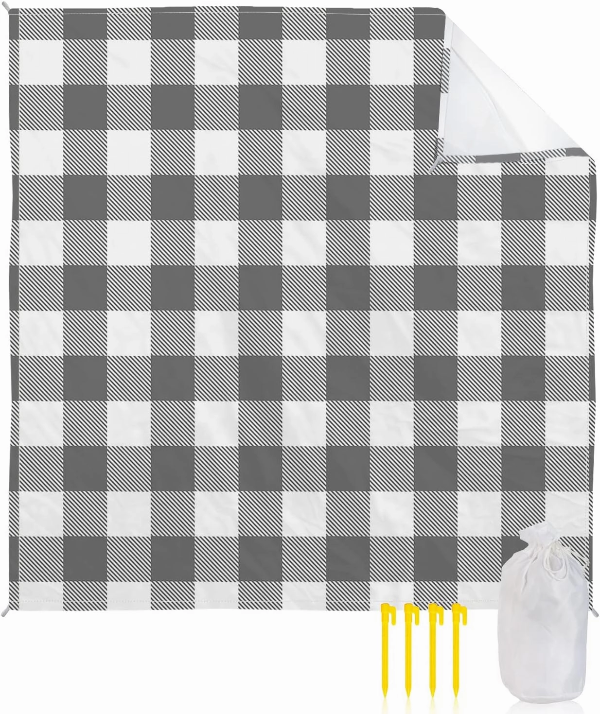 Beach Blanket Sandproof, Pastoral Style Grey White Lattice Waterproof Beach Mat Lightweight Quick Drying Picnic Blanket Beach Essentials for Travel Camping Hiking 118x108in