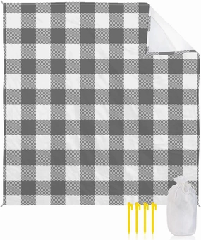 Beach Blanket Sandproof, Pastoral Style Grey White Lattice Waterproof Beach Mat Lightweight Quick Drying Picnic Blanket Beach Essentials for Travel Camping Hiking 118x108in