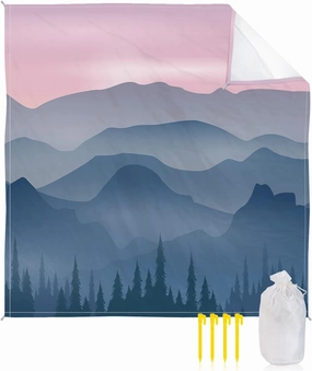 Beach Blanket Sandproof, Purple Sky Tall Mountains Trees Silhouette Waterproof Beach Mat Lightweight Quick Drying Picnic Blanket Beach Essentials for Travel Camping Hiking 108x84in