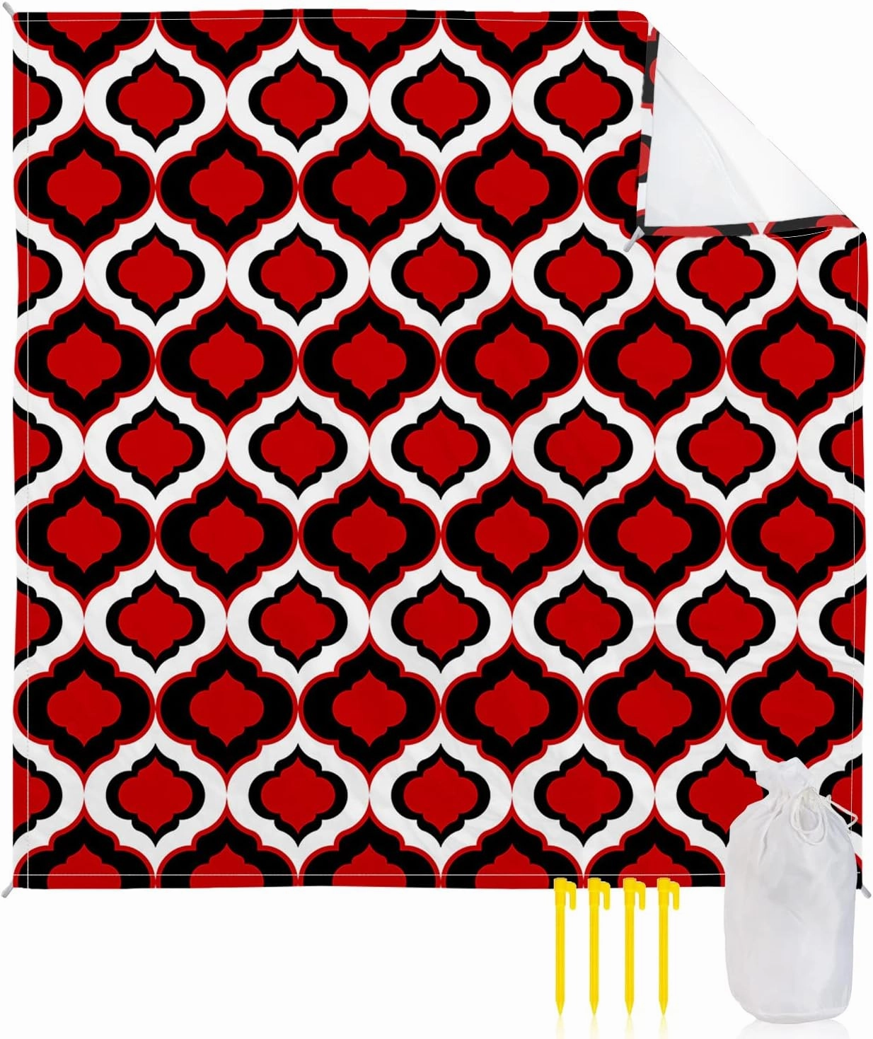 Beach Blanket Sandproof, Red and Black Moroccan Pattern Geometric Waterproof Beach Mat Lightweight Quick Drying Picnic Blanket Beach Essentials for Travel Camping Hiking 108x84in