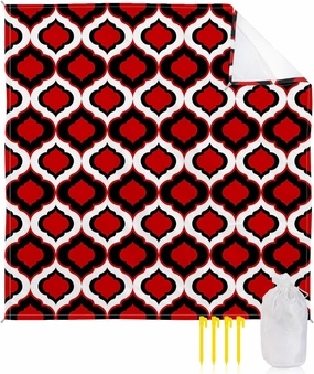 Beach Blanket Sandproof, Red and Black Moroccan Pattern Geometric Waterproof Beach Mat Lightweight Quick Drying Picnic Blanket Beach Essentials for Travel Camping Hiking 118x108in