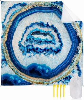 Beach Blanket Sandproof, Retro Abstract Blue White Agate Texture Waterproof Beach Mat Lightweight Quick Drying Picnic Blanket Beach Essentials for Travel Camping Hiking 118x108in