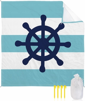 Beach Blanket Sandproof, Rudder on Blue Stripes Background Waterproof Beach Mat Lightweight Quick Drying Picnic Blanket Beach Essentials for Travel Camping Hiking 95x80in