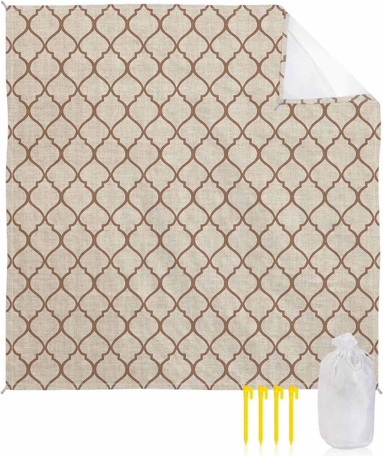 Beach Blanket Sandproof, Rustic Moroccan Geometric Quatrefoil Khaki Lattice Waterproof Beach Mat Lightweight Quick Drying Picnic Blanket Beach Essentials for Travel Camping Hiking 95x80in