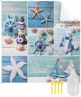Beach Blanket Sandproof, Shell Starfish Rudder Lighthouse Wood Grain Lattice Waterproof Beach Mat Lightweight Quick Drying Picnic Blanket Beach Essentials for Travel Camping Hiking 83x79in