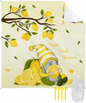 Beach Blanket Sandproof, Summer Gnome Farm Lemon Tree Branch Yellow Waterproof Beach Mat Lightweight Quick Drying Picnic Blanket Beach Essentials for Travel Camping Hiking 83x79in