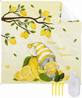 Beach Blanket Sandproof, Summer Gnome Farm Lemon Tree Branch Yellow Waterproof Beach Mat Lightweight Quick Drying Picnic Blanket Beach Essentials for Travel Camping Hiking 83x79in