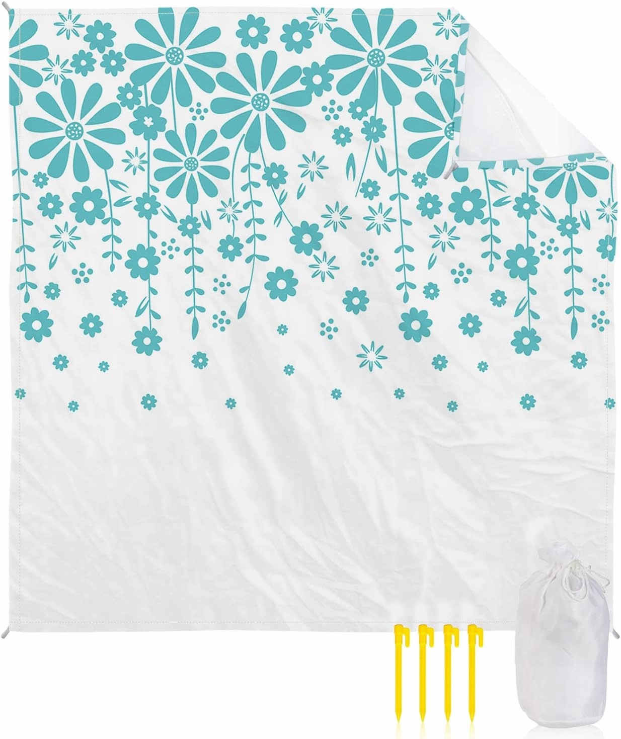 Beach Blanket Sandproof, Summer Plants Teal Flowers Waterproof Beach Mat Lightweight Quick Drying Picnic Blanket Beach Essentials for Travel Camping Hiking 83x79in