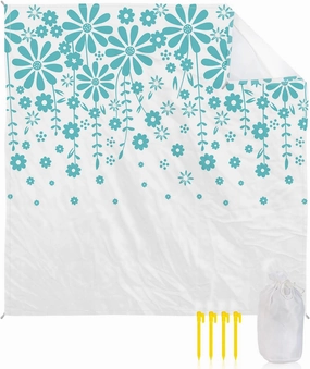 Beach Blanket Sandproof, Summer Plants Teal Flowers Waterproof Beach Mat Lightweight Quick Drying Picnic Blanket Beach Essentials for Travel Camping Hiking 83x79in