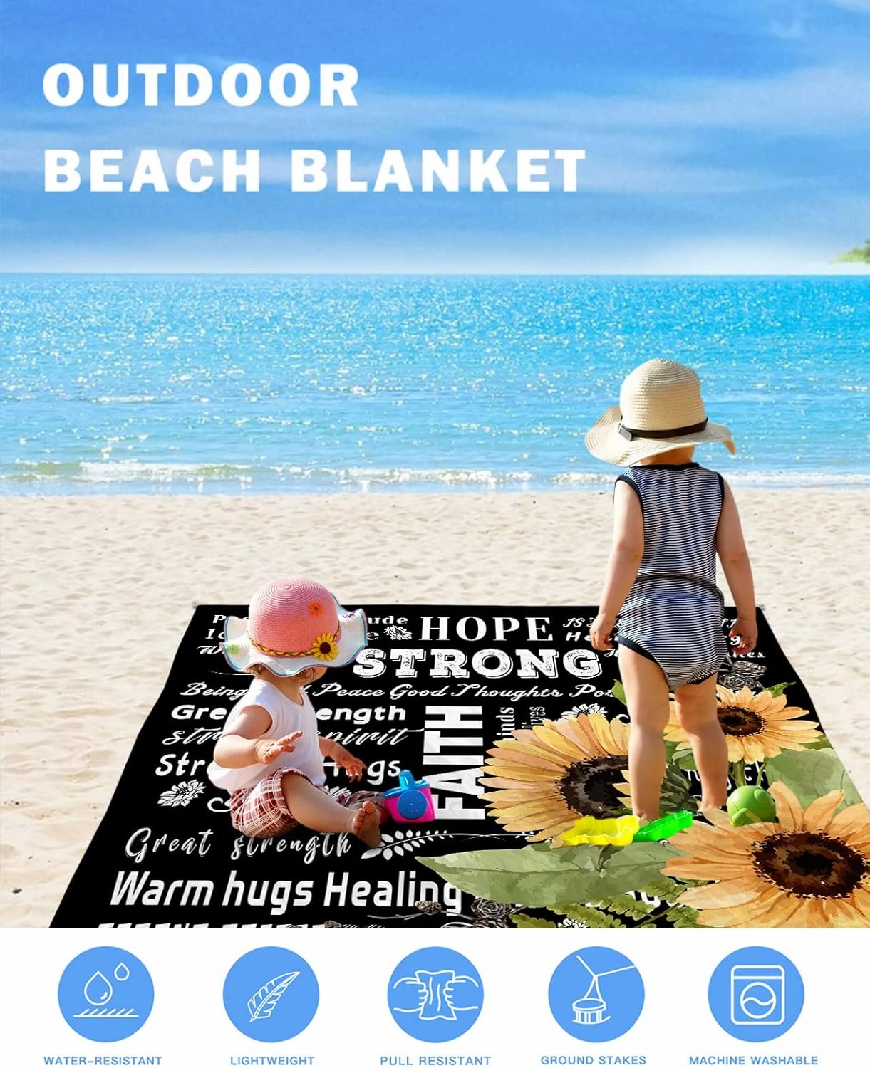 Beach Blanket Sandproof, Sunflower Inspirational Quotes Black Waterproof Beach Mat Lightweight Quick Drying Picnic Blanket Beach Essentials for Travel Camping Hiking 95x80in