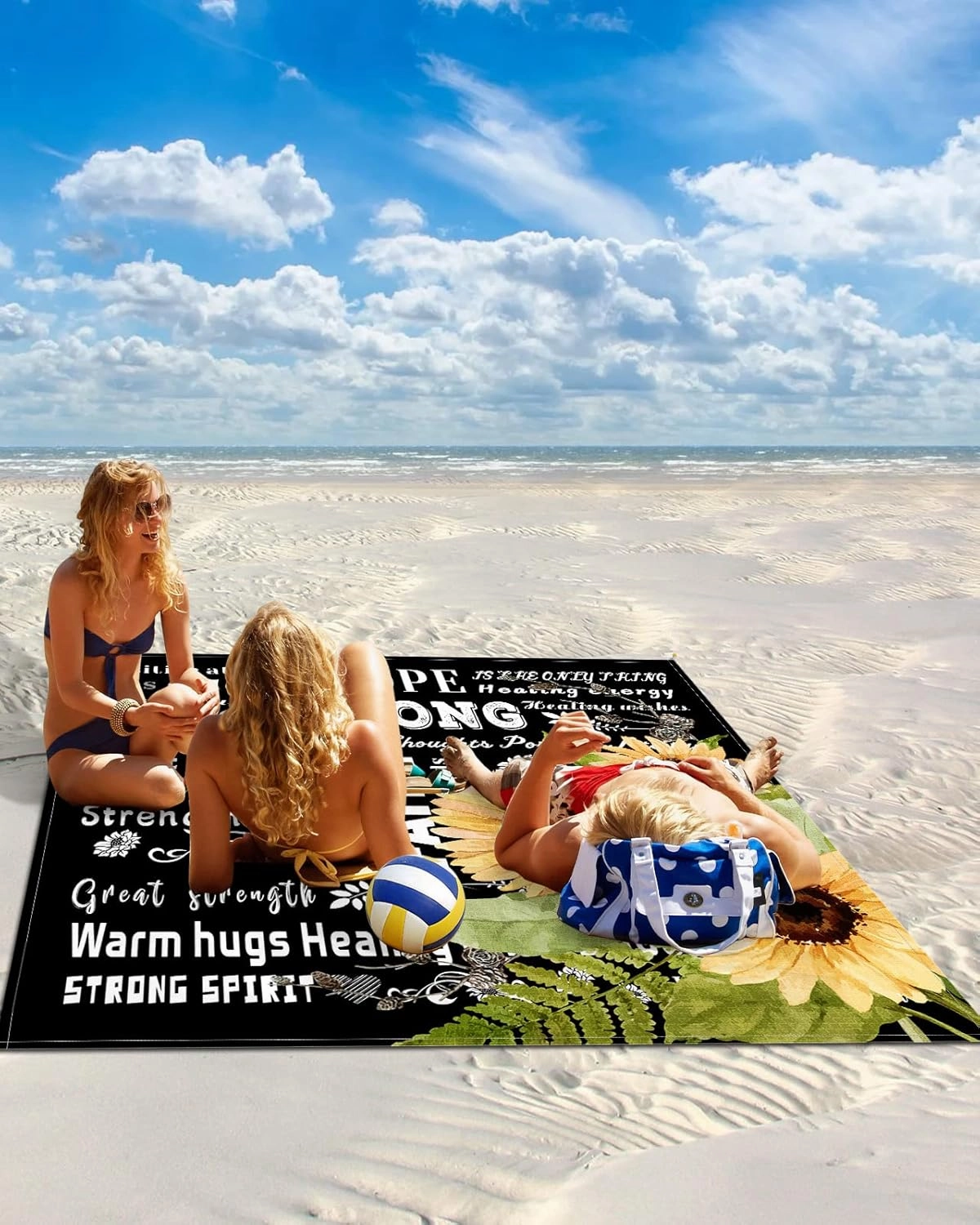 Beach Blanket Sandproof, Sunflower Inspirational Quotes Black Waterproof Beach Mat Lightweight Quick Drying Picnic Blanket Beach Essentials for Travel Camping Hiking 95x80in