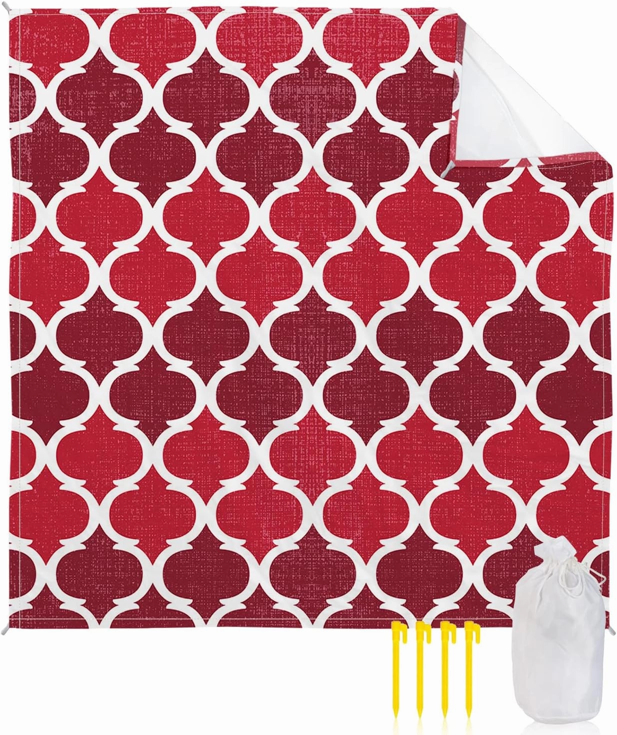 Beach Blanket Sandproof, Vintage Red Moroccan Tile Pattern Burlap Waterproof Beach Mat Lightweight Quick Drying Picnic Blanket Beach Essentials for Travel Camping Hiking 95x80in