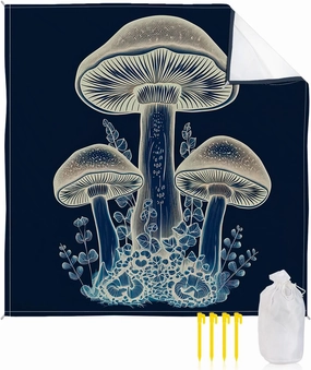 Beach Blanket Sandproof, Wild Plants Mushroom Leaves Navy Blue Waterproof Beach Mat Lightweight Quick Drying Picnic Blanket Beach Essentials for Travel Camping Hiking 118x108in