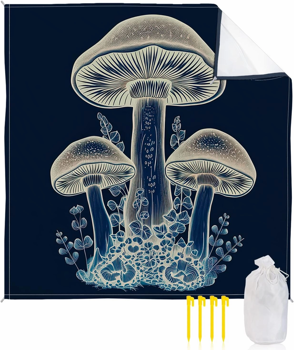 Beach Blanket Sandproof, Wild Plants Mushroom Leaves Navy Blue Waterproof Beach Mat Lightweight Quick Drying Picnic Blanket Beach Essentials for Travel Camping Hiking 83x79in