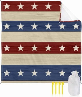 Beach Blanket Waterproof Sandproof, Independence Day Stripes and Stars Quick Drying Beach Mat with 4 Stakes, Blue Red White Line Texture Lightweight Picnic Blanket for Travel Camping Outdoor 108"x84"