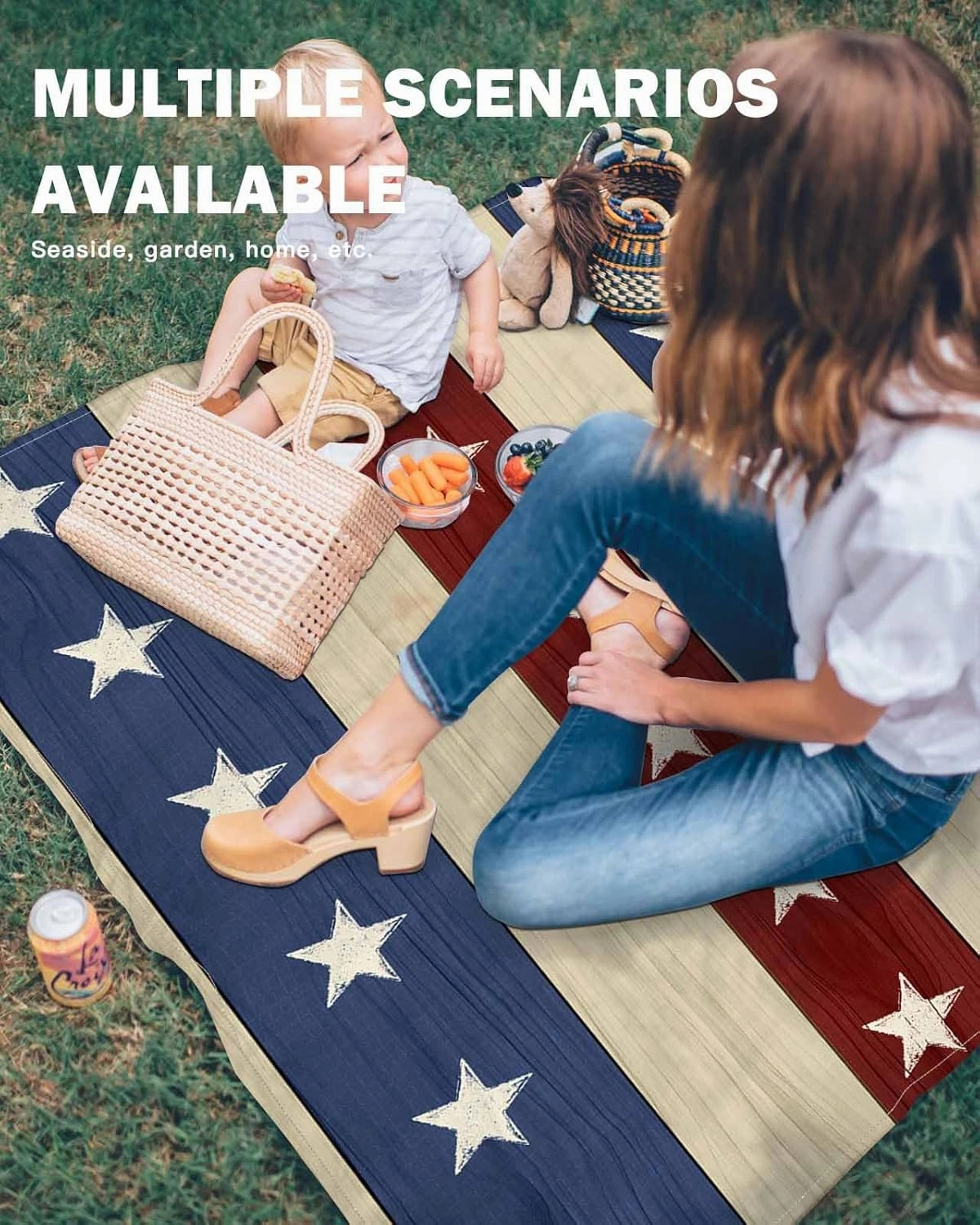 Beach Blanket Waterproof Sandproof, Independence Day Stripes and Stars Quick Drying Beach Mat with 4 Stakes, Blue Red White Line Texture Lightweight Picnic Blanket for Travel Camping Outdoor 108"x84"