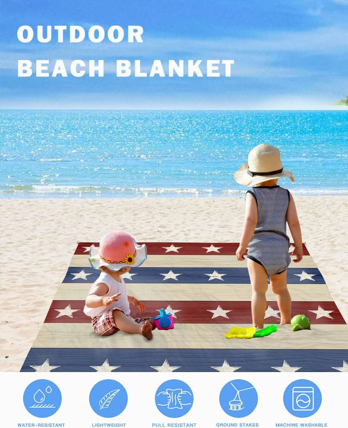 Beach Blanket Waterproof Sandproof, Independence Day Stripes and Stars Quick Drying Beach Mat with 4 Stakes, Blue Red White Line Texture Lightweight Picnic Blanket for Travel Camping Outdoor 108"x84"