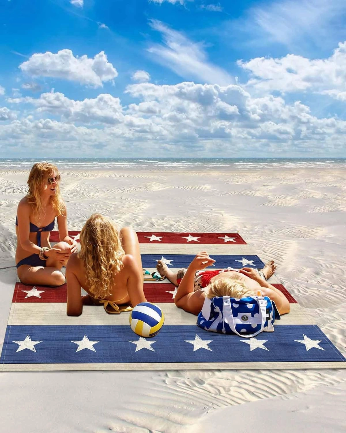 Beach Blanket Waterproof Sandproof, Independence Day Stripes and Stars Quick Drying Beach Mat with 4 Stakes, Blue Red White Line Texture Lightweight Picnic Blanket for Travel Camping Outdoor 108"x84"