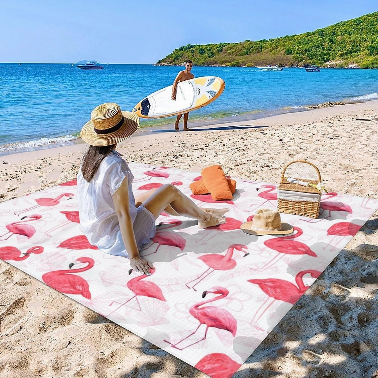 Beach Blanket Waterproof Sandproof, Large Cute Flamingo Beach Mat for 4-6 Adults, 86x78 Inches Lightweight Windproof Picnic Blanket with 4 Corner Pockets for Outdoor, Travel, Camping, Hiking