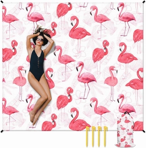 Beach Blanket Waterproof Sandproof, Large Cute Flamingo Beach Mat for 4-6 Adults, 86x78 Inches Lightweight Windproof Picnic Blanket with 4 Corner Pockets for Outdoor, Travel, Camping, Hiking