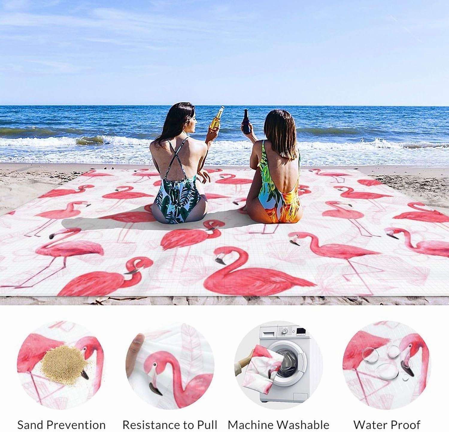 Beach Blanket Waterproof Sandproof, Large Cute Flamingo Beach Mat for 4-6 Adults, 86x78 Inches Lightweight Windproof Picnic Blanket with 4 Corner Pockets for Outdoor, Travel, Camping, Hiking